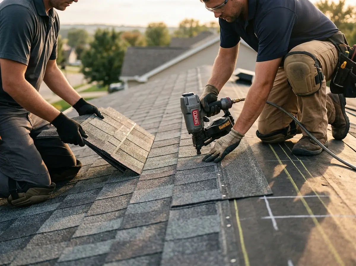 Professional roofer working on a residential roof in Pike Creek